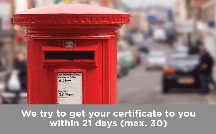 We try to get your certificates to you within 21 days.(Max. 30)